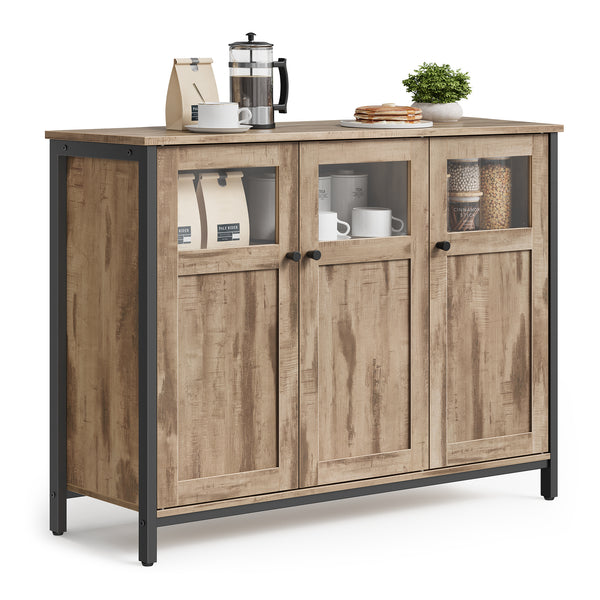 VASAGLE Buffet Cabinet, Sideboard Storage Cabinet With Glass Doors, Buffet Table, For Dining Room, Living Room, Kitchen, Steel Frame, Industrial Style, Camel Brown And Ink Black ULSC099K02