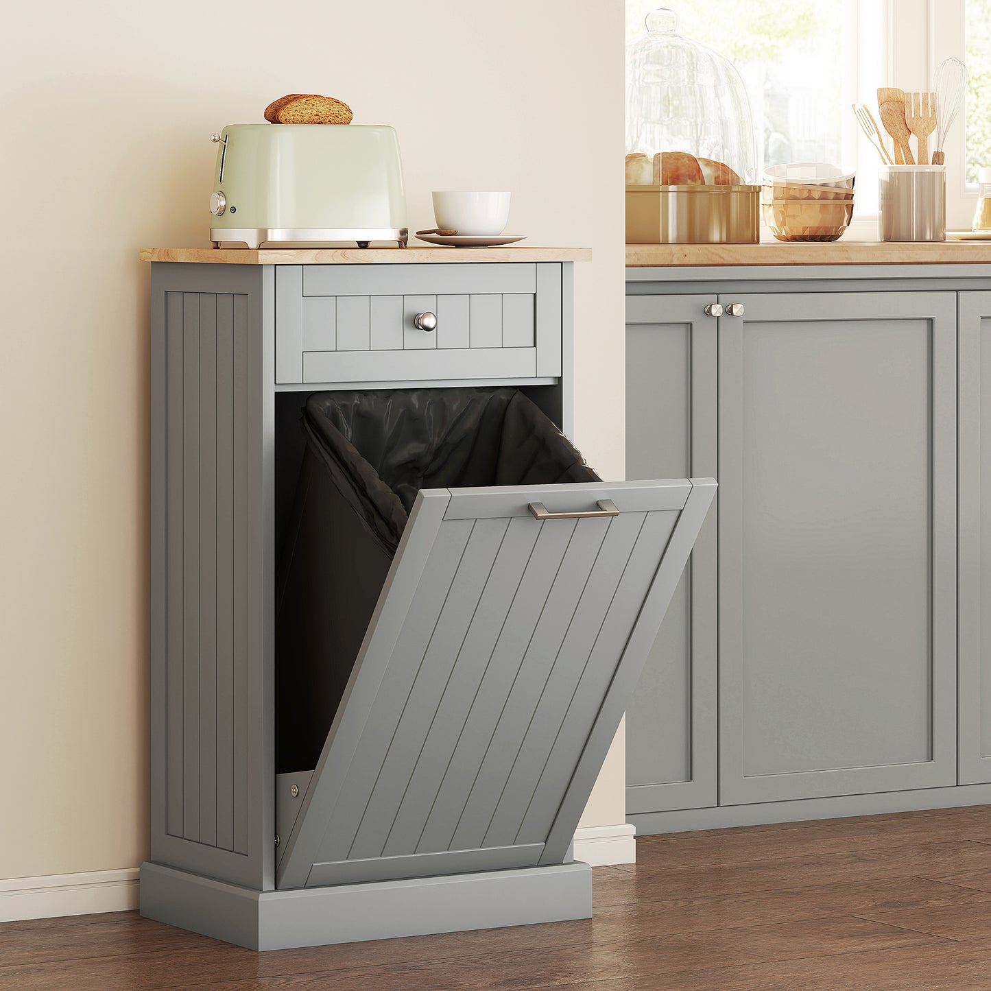 Kitchen Tilt Out Trash Bin Cabinet Free Standing Recycling Cabinet Trash Can Holder With Drawer