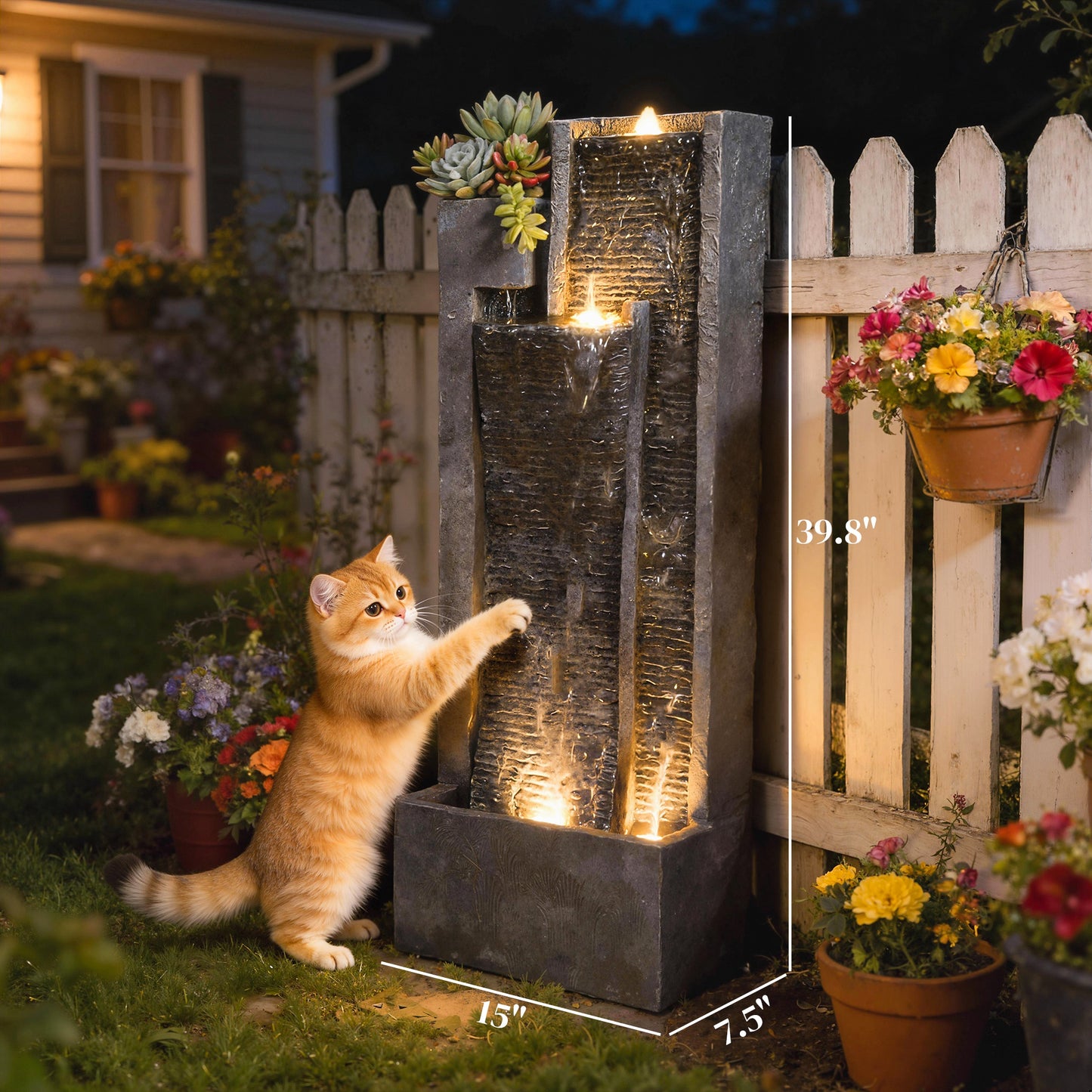 40" Tall Outdoor Waterfall Fountain with LED Lights and Planter, 3-Tier Cascading Waterfall Feature with Pump, Dark Gray
