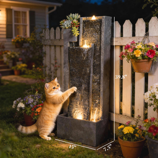 40" Tall Outdoor Waterfall Fountain with LED Lights and Planter, 3-Tier Cascading Waterfall Feature with Pump, Dark Gray