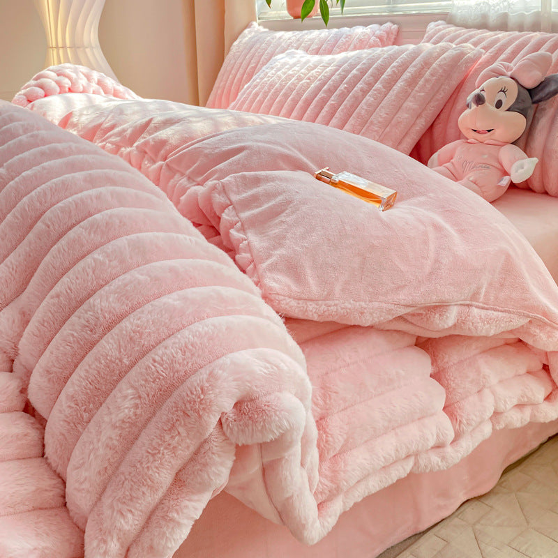 Rabbit Plush Four-piece Set Thickened Milk Fiber Sheets Coral Fleece Duvet Cover