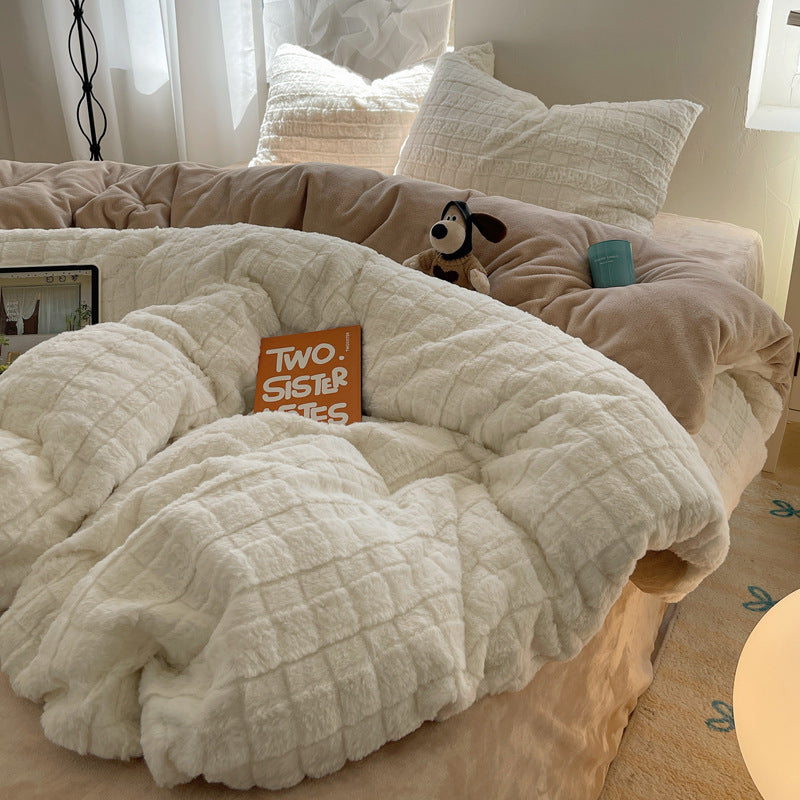 Rabbit Plush Four-piece Set Thickened Milk Fiber Sheets Coral Fleece Duvet Cover