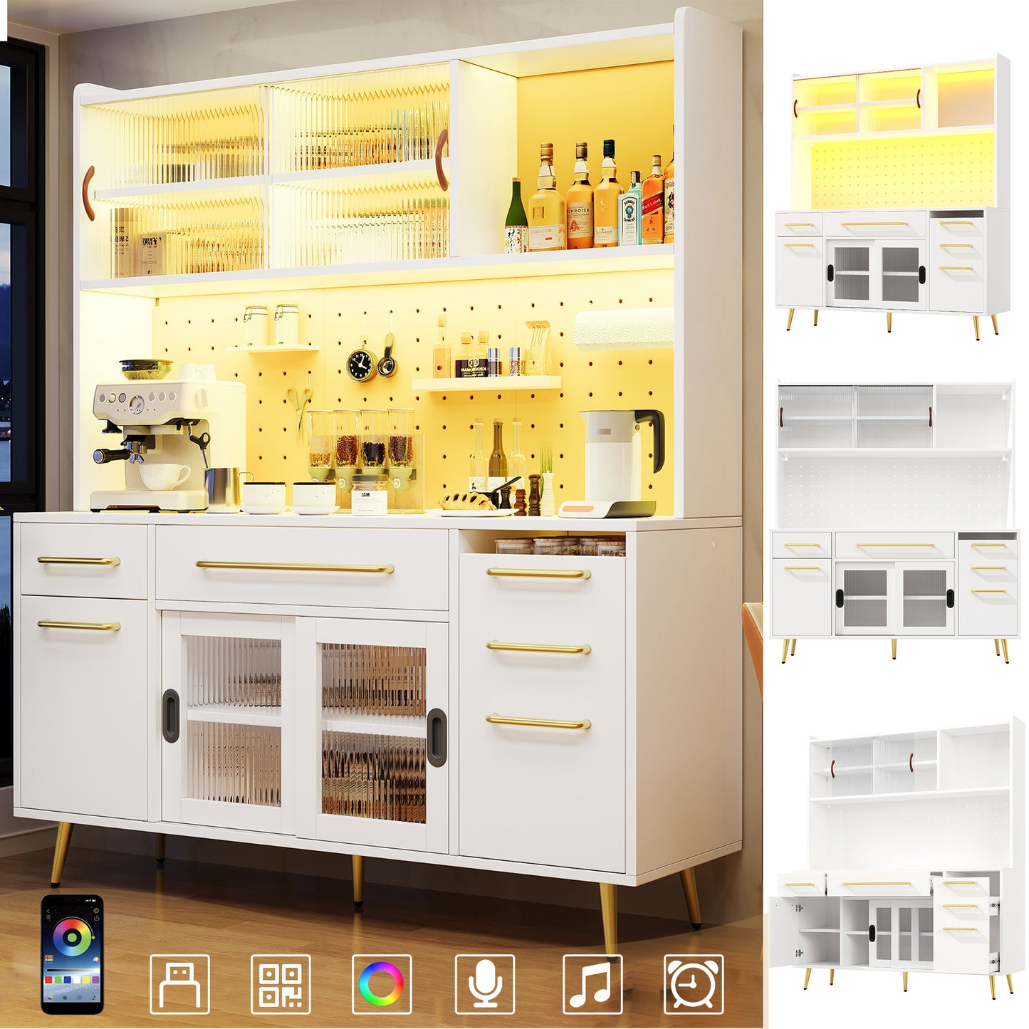 Modernes Sideboard Mit LED Beleuchtung  Hochschrank Fur Kuche  Wohnzimmer, Aufbewahrungsschrank Mit Lochwand, Schublade  Glasboden, White
