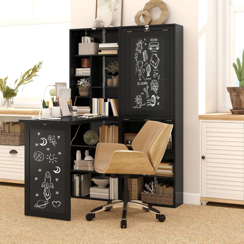 Old-out Convertible Home Office Desk, Wall Mount Computer Desk With Blackboard And Side Shelf, Black