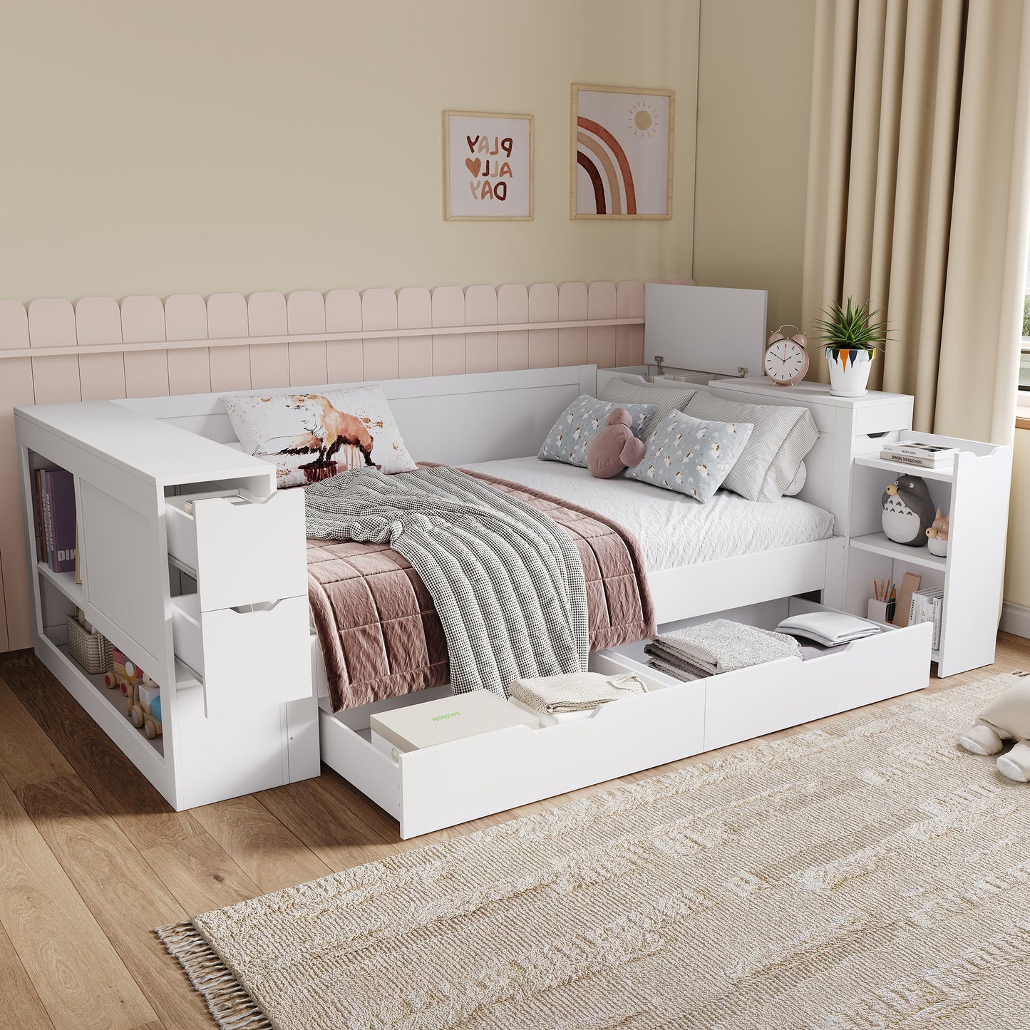 Childrens Bed, Daybed, 4ft6-135 X 190 Cm, Double Bed, Multifunctional Children's Bed With Drawers, Shelves And Storage Space, With Bedside Table, With Storage Space, Without Mattress, White