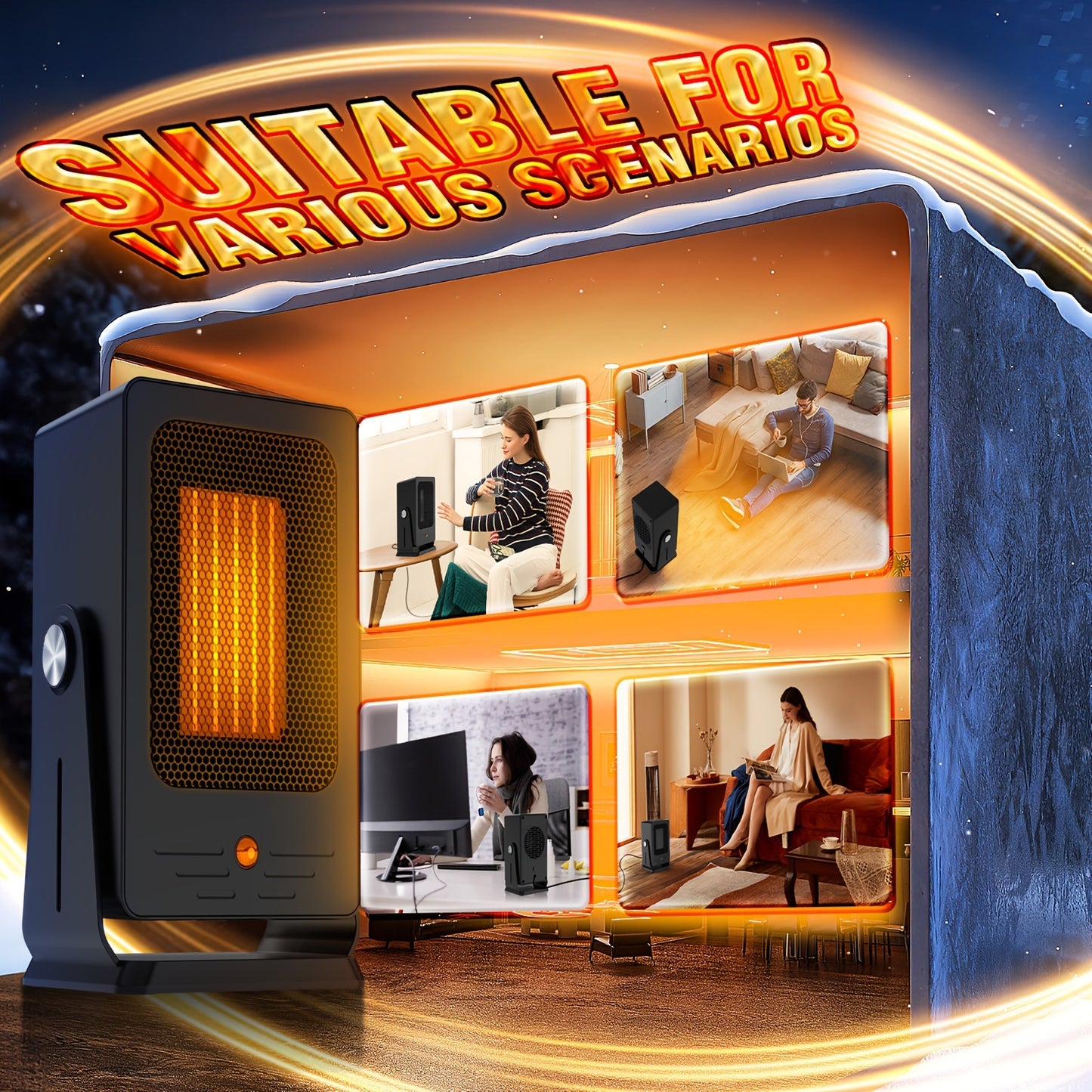 900W Portable Electric Space Heater Sleek Black Ceramic