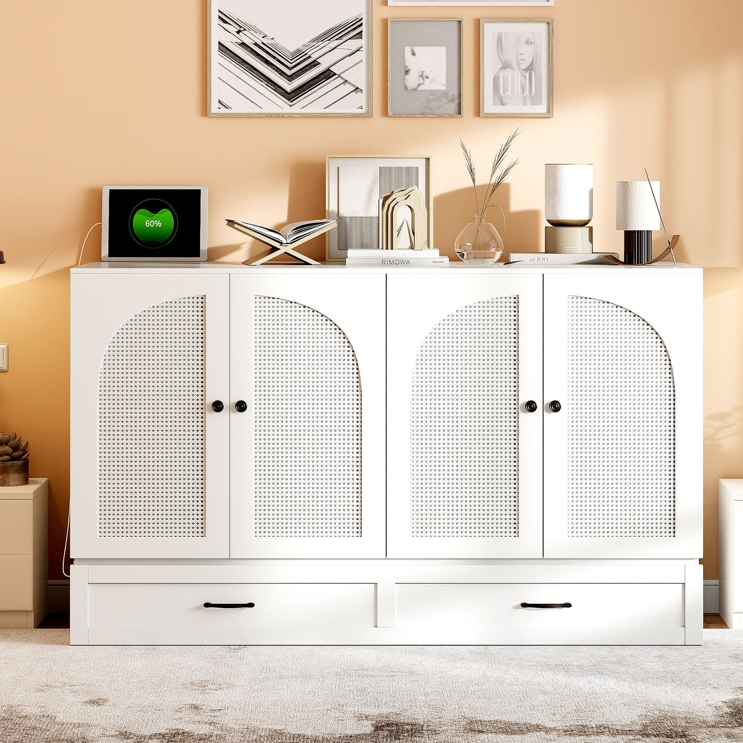 Queen Size Murphy Bed With Large Drawers, White