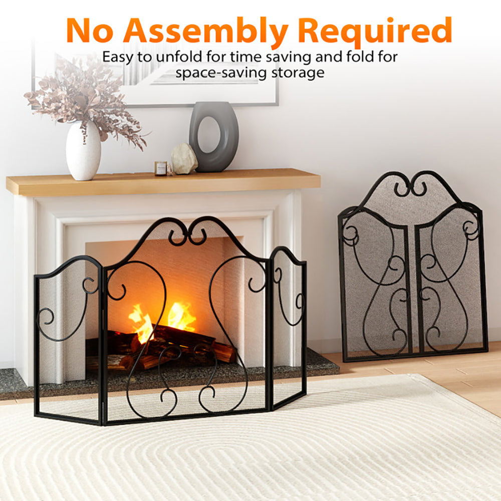 3 Panel Fireplace Screen Foldable Guard Cover With Decorative Scroll
