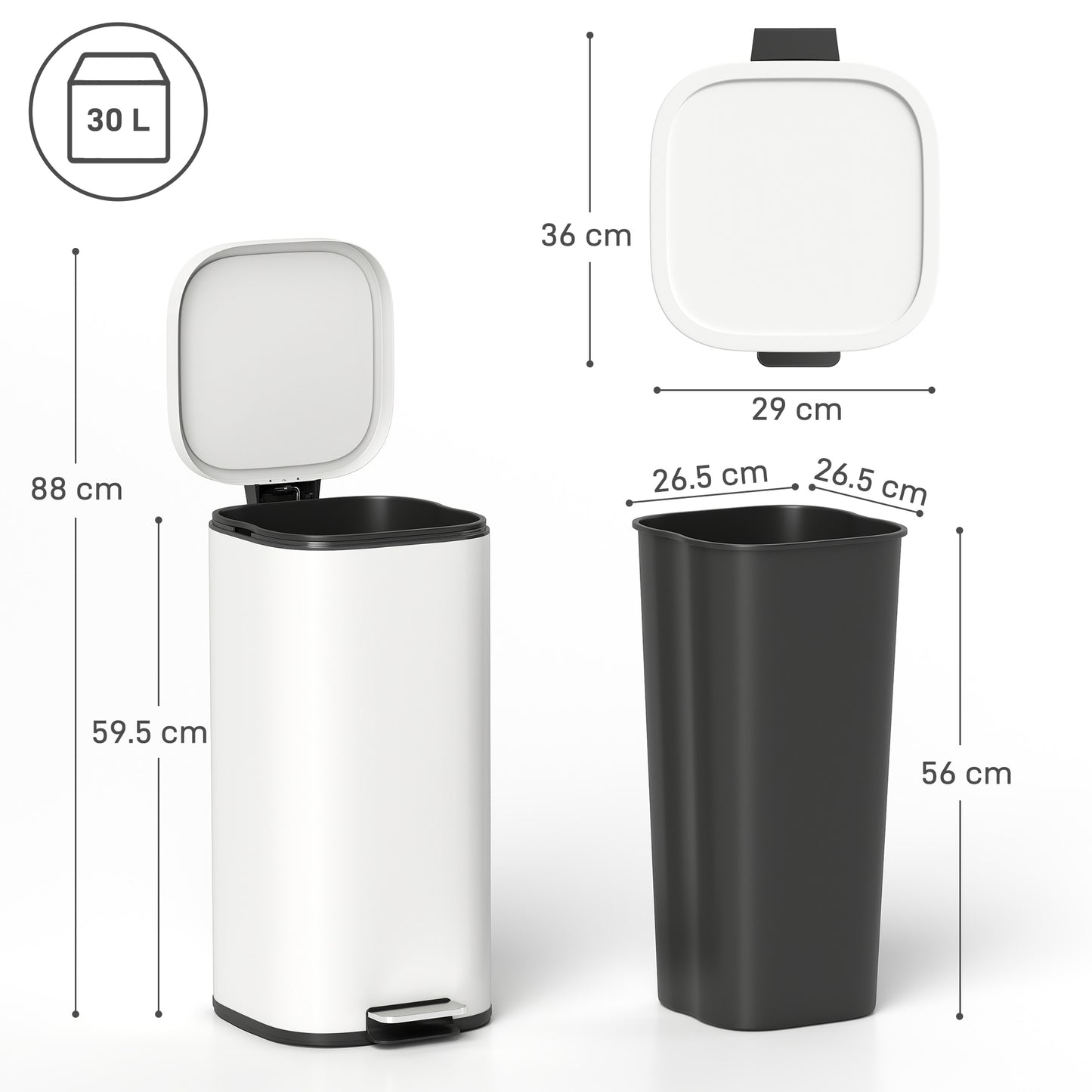 30L Kitchen Bin, Compact Pedal Bin With Soft-Close And Stay-Open Lid, Removable Bucket For Kitchen, Home, Office, Cream
