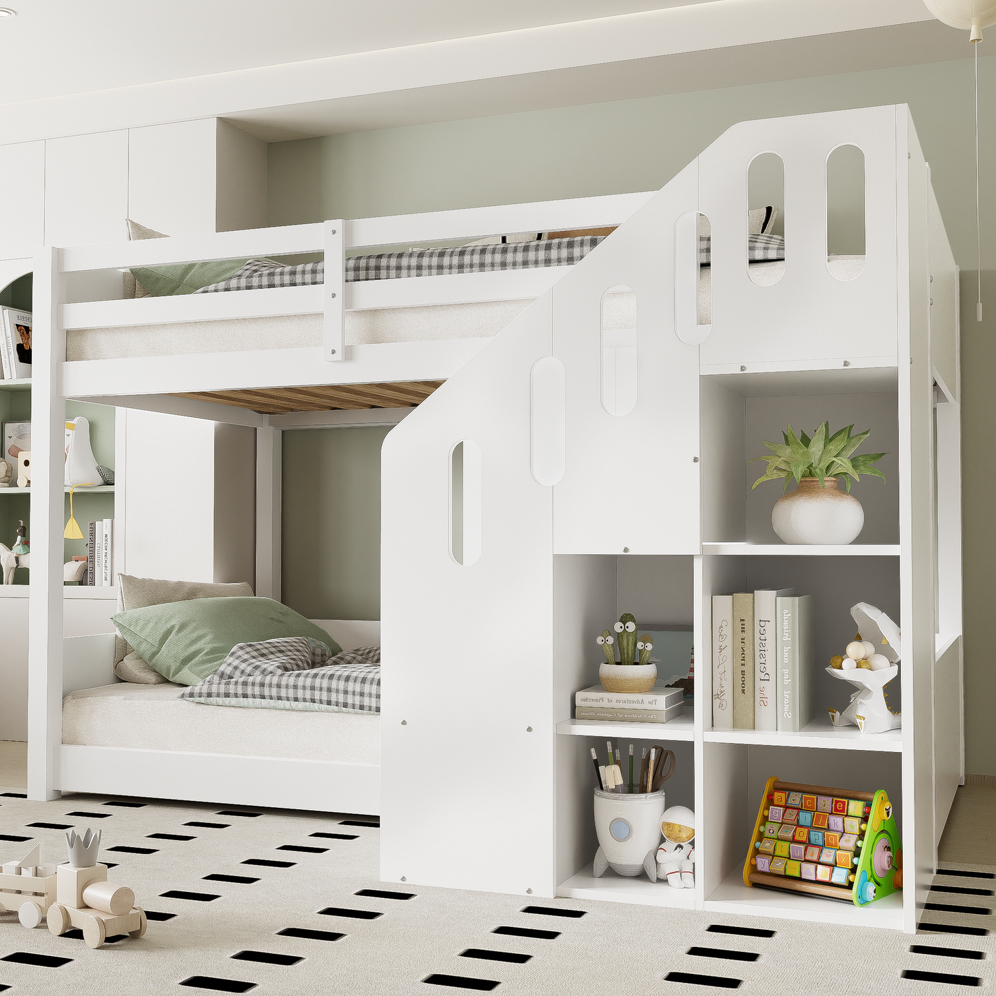 Childrens Bunk Bed, 2 Single Beds - 3ft 90x190cm, Suitable For 2 Children, Multifunctional Children's Bed With Stairs And Storage Cabinets, Stable Railings, Mattress Not Included, White