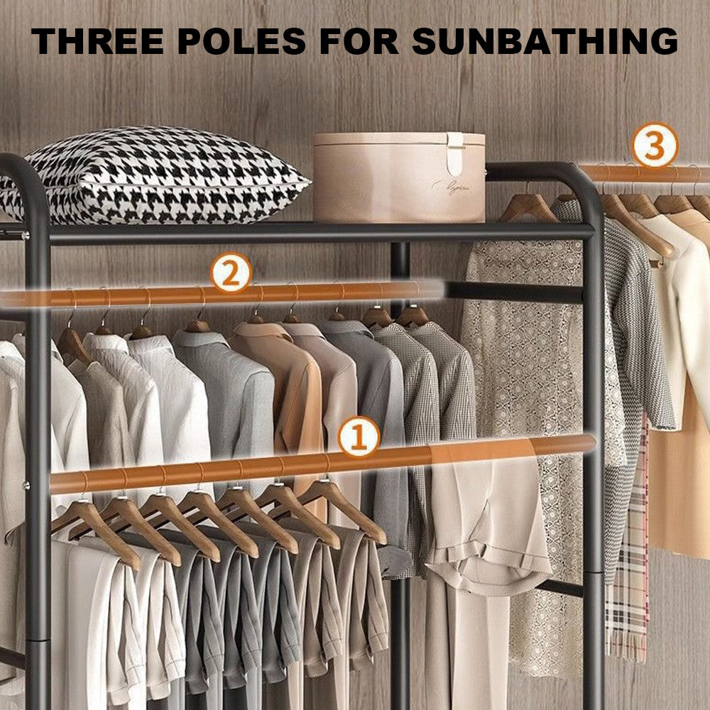 Heavy Duty Double Clothes Rail Rack Garment Hanging Stand Wardrobe Shelf--25Q-WIN-UK-Clothes Black