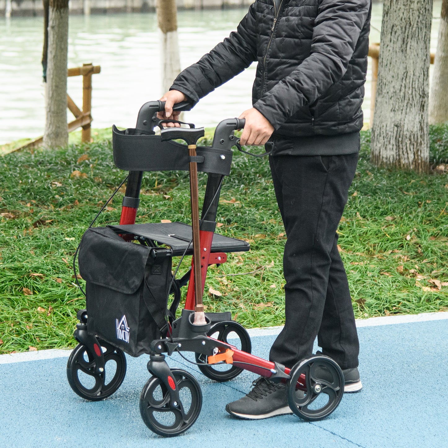 4 Wheel Rollator With Seat And Back, Folding Mobility Walker With Carry Bag, Adjustable Height, Dual Brakes, Cane Holder, Lightweight Aluminium Walking Frame For Seniors And Disabled, Red