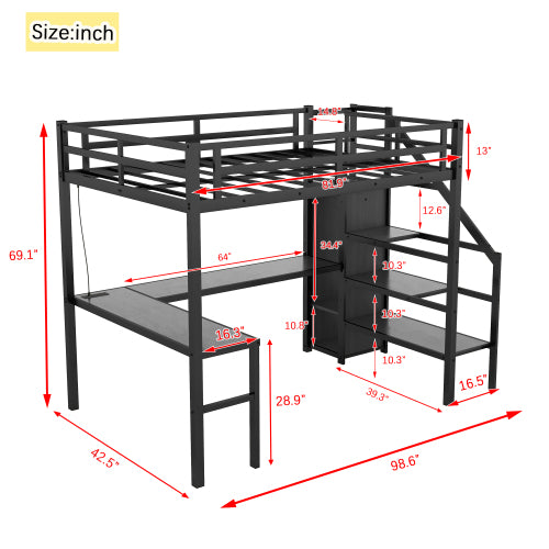 Twin XL Size Loft Bed With L-shaped Desk And USB, Metal Loft Bed With Wardrobe And Adjustable Shelf, High Loft Bed With LED For Kids Teens Adults, Black