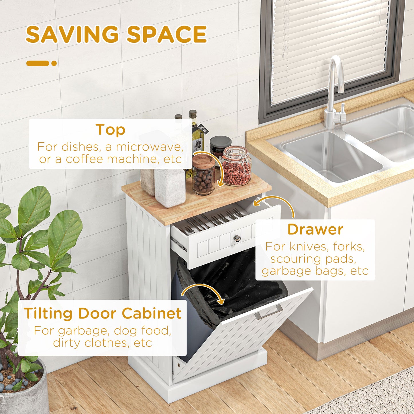 Kitchen Tilt Out Trash Bin Cabinet Free Standing Recycling Cabinet Trash Can Holder With Drawer