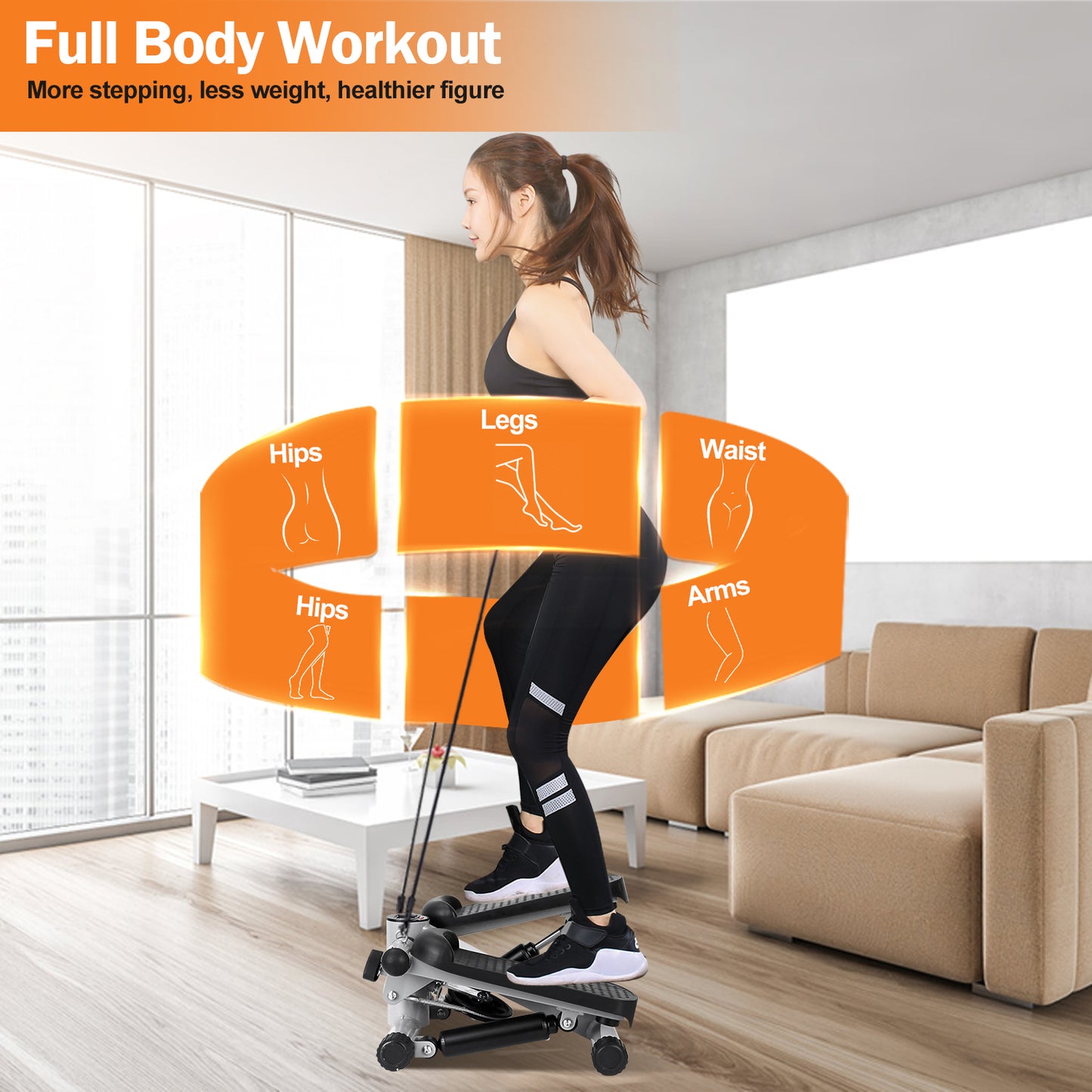 Stepper For Exercise Mini Fitness Stepper With 2 Resistance Bands LCD Monitor Max 330.7LBS Load Stair Stepper Quiet Stepper