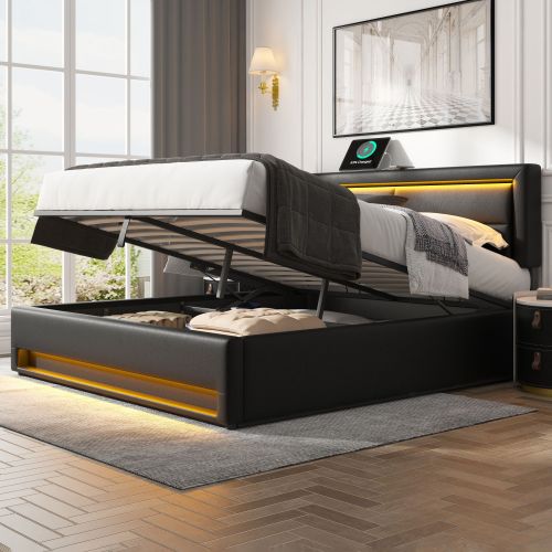 Upholstered Bed 150 X 200 Cm, King Size Bed-5ft,with USB Port Supports Wireless And Wired Charging, With LED Lighting And Storage Space, Without Mattress, PU Lychee Pattern, Black