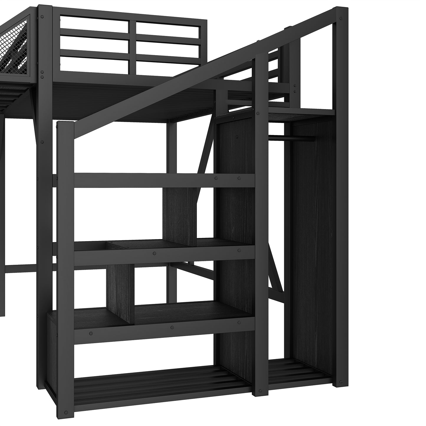 Twin Loft Bed With Storage Stairs, Shelves And Built-in Wardrobe, Metal Loft Bed Frame With USB Ports And LED Lights, Noise-reduced Design, Black