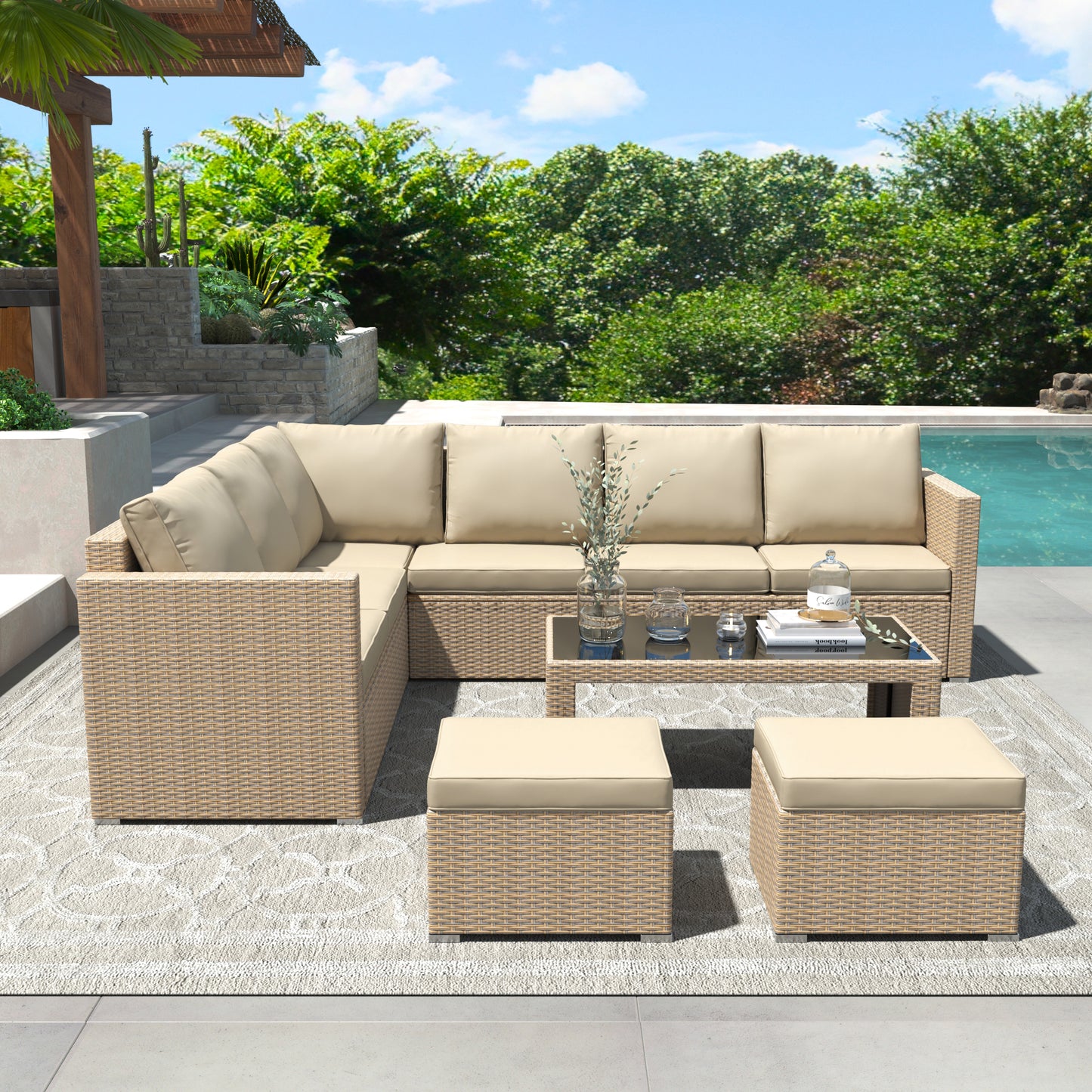 Garden Corner Sofa Set Rattan Sofa Outdoor Furniture With Coffee Table 2 Stools,Khaki