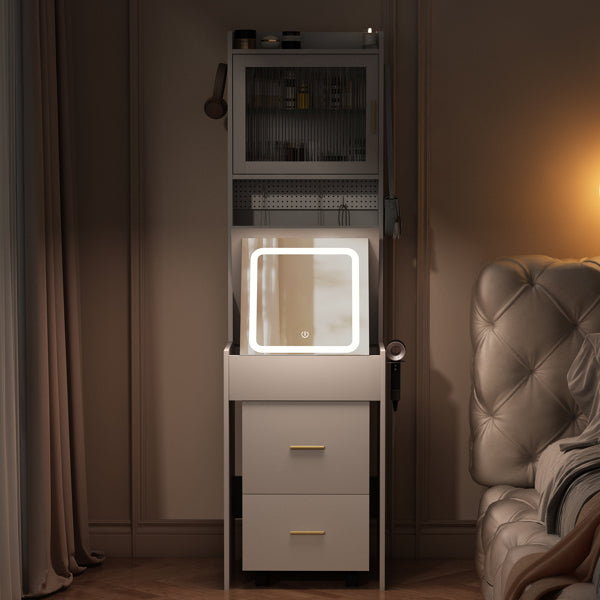 White Hemp Faced Particleboard With Triamine 2 Pull 1 Door 1 Flip LED 3 Tone Light Touch Mirror Dressing Table Set