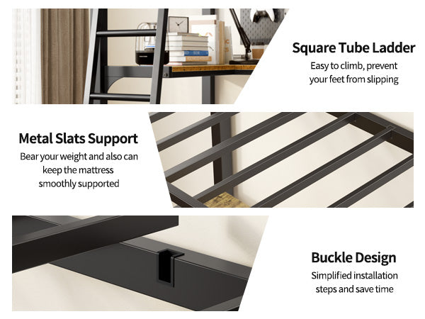 Twin Metal Loft Bed With L-Shaped Desk, Charging Station Loft Bed Frame Twin Size, Safety Guard & Ladder, No Box Spring Needed, Black