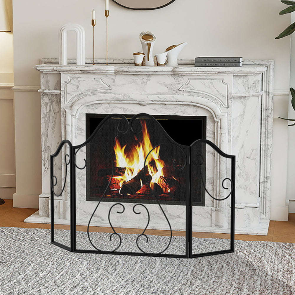 3 Panel Fireplace Screen Foldable Guard Cover With Decorative Scroll