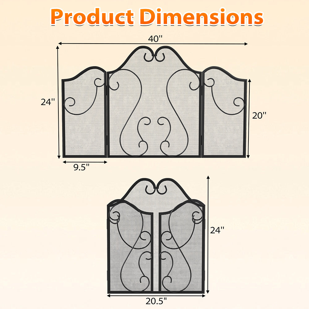 3 Panel Fireplace Screen Foldable Guard Cover With Decorative Scroll