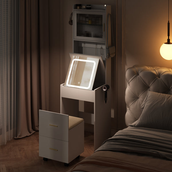 White Hemp Faced Particleboard With Triamine 2 Pull 1 Door 1 Flip LED 3 Tone Light Touch Mirror Dressing Table Set