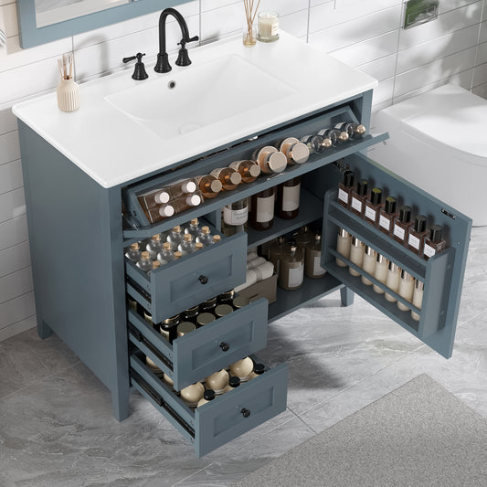 36-Inch Blue Gray Bathroom Vanity With Sink, Modern MDF And Rubberwood Cabinet With 3 Drawers And Adjustable Shelf, Freestanding Vanity For Bathroom Storage And Organization
