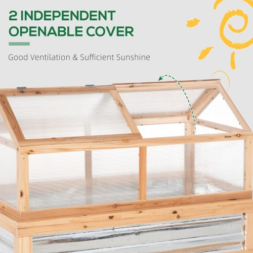 Outsunny Raised Garden Bed With Polycarbonate Greenhouse, Wooden Garden Cold Frame Greenhouse, Flower Planter Protection, 48 X 24 X 32, Natural