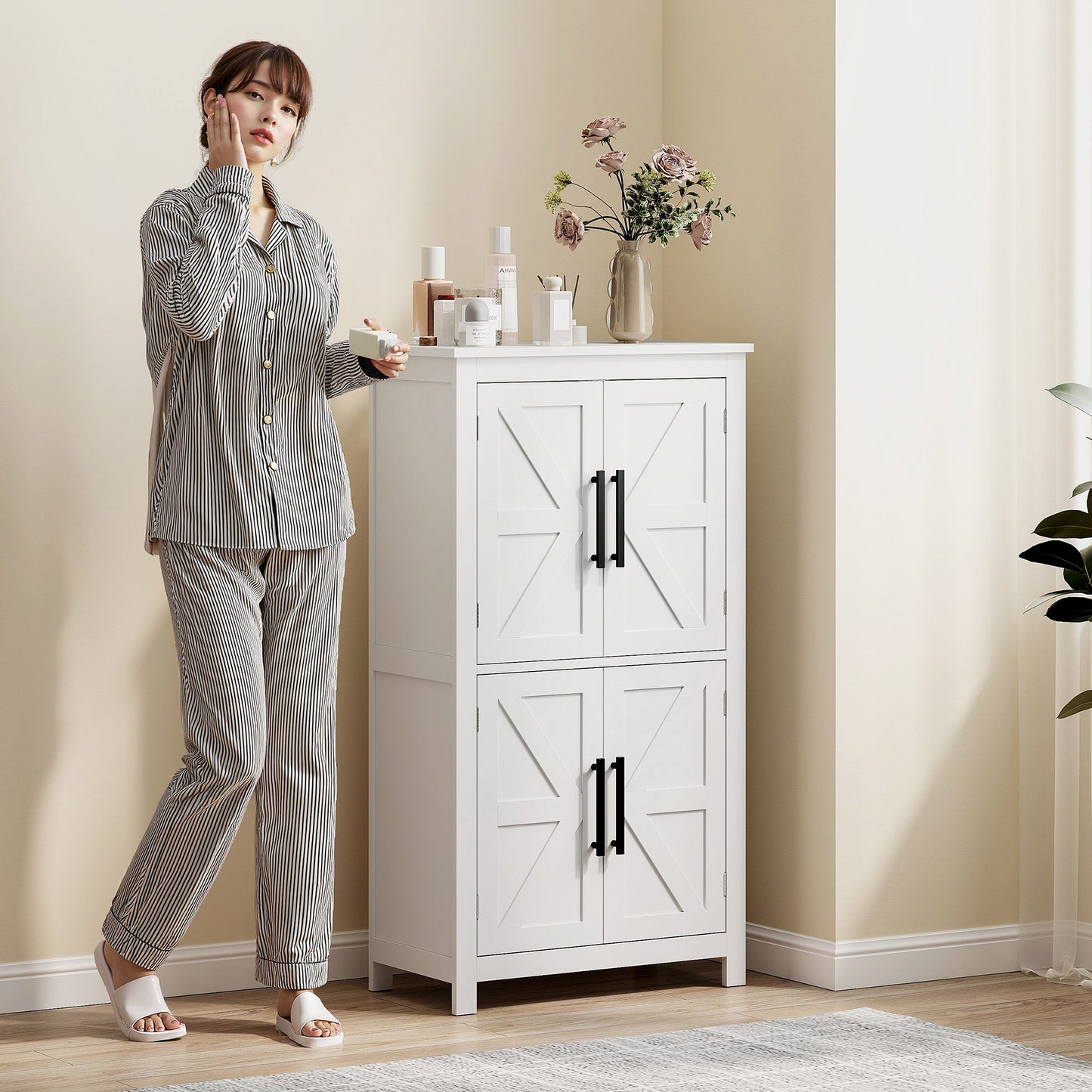 Bathroom Floor Storage Cabinet, Farmhouse Bathroom Cabinet with 4 Doors and Adjustable Shelf, White