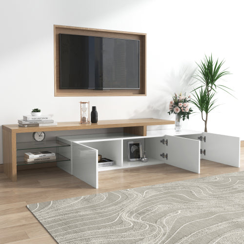 Modern TV Cabinet Design Stylish And Elegant, Practical Storage, High-gloss White, Wooden Look, Glass Shelves, LED Lighting