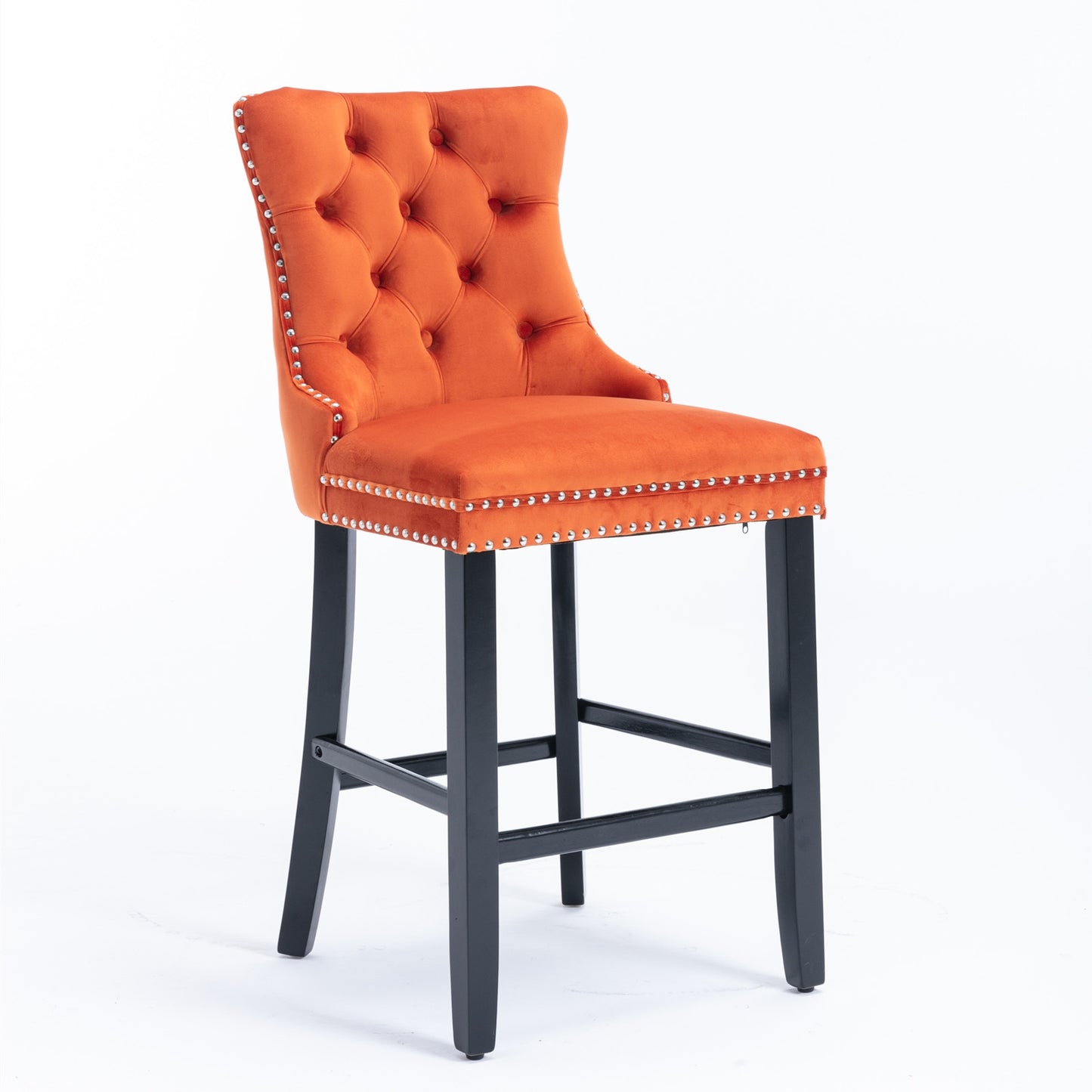 Contemporary Velvet Upholstered Barstools With Button Tufted Decoration And Wooden Legs, And Chrome