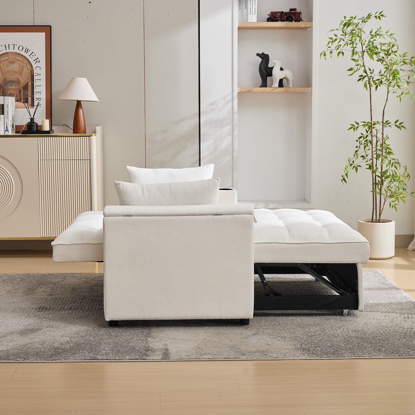 2 Seater Click Clack Sofa Bed,  Pull Out Sofa Bed,  Futon Sofa Recliner, With Cup Holders And Hidden Table, USB & Type-C, 3-Gear Back Angle Adjustable, For Apartment, Living Room, Bedroom, Beige