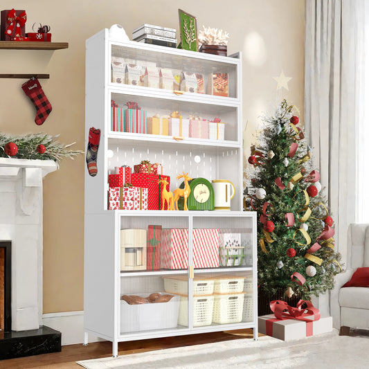 73'' Tall Kitchen Pantry Cabinet , 6 Level Flip Door With Pegboard Metal Pantry Storage Cabinet, Anti-Tip Design Hutch For Kitchen, Dining Room, Living Room White