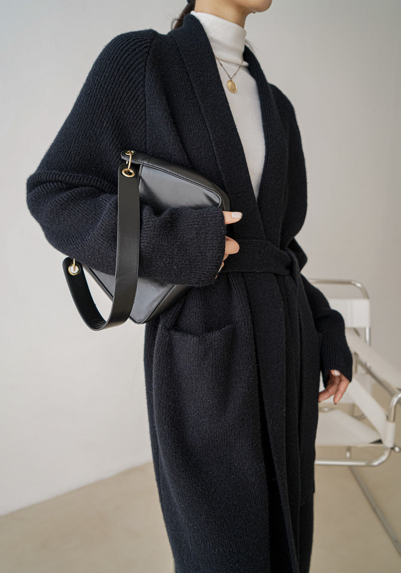 Thicken Bathrobe Belt Alpaca Wool Loose Big Sweater Knitted Cardigan Mid-length Coat Women