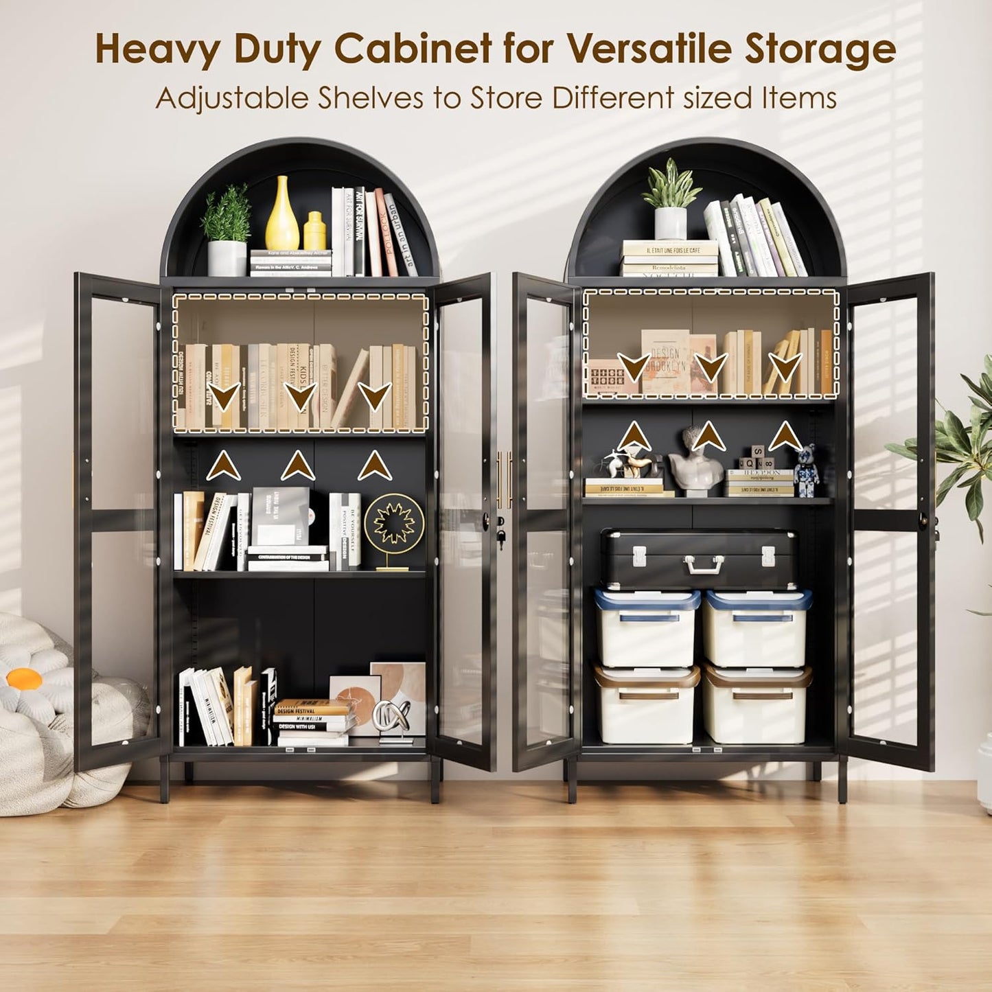 Metal Arched Cabinet With Lock, Arch Display Bookcase With Glass Doors Shelves, Modern Freestanding Kitchen Pantry Storage Cabinet For Dining Room, Home, Office, Assembly Required Black