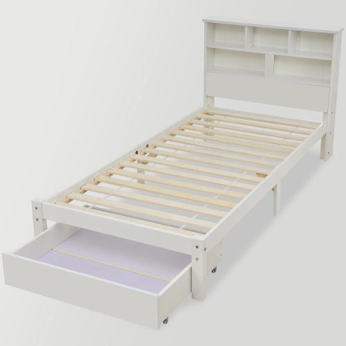 Bed With Shelves, White Wooden Storage Bed, Underbed Drawer - 3FT Single 90 X 190 Cm Frame Only