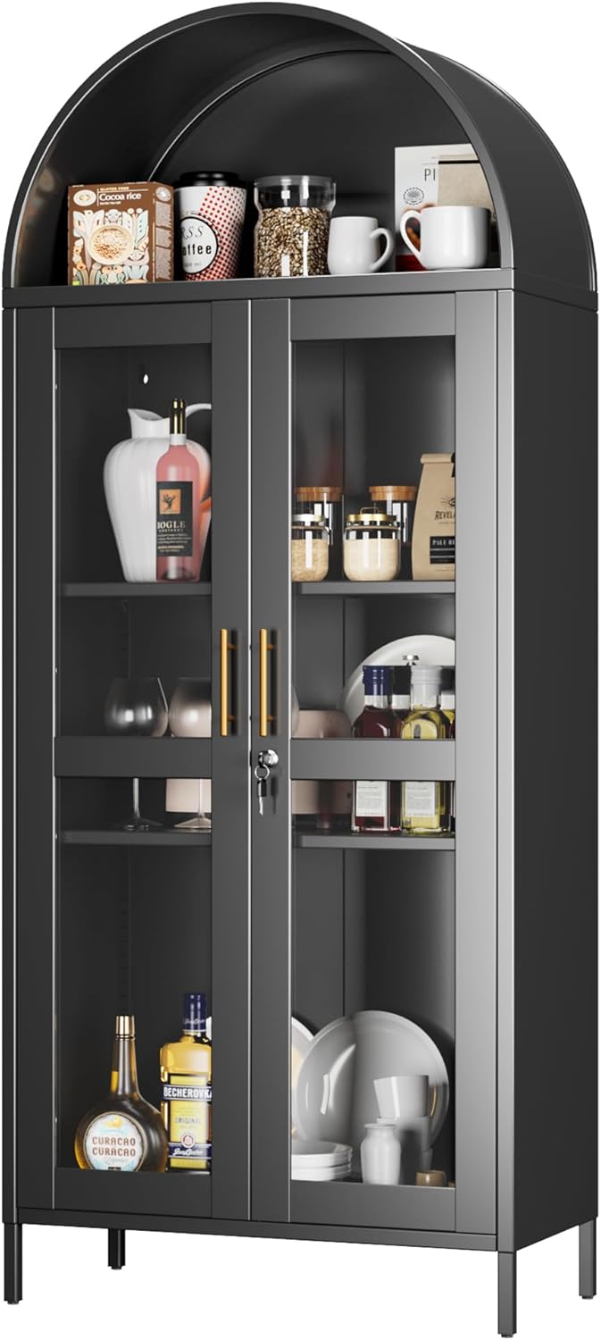 Metal Arched Cabinet With Lock, Arch Display Bookcase With Glass Doors Shelves, Modern Freestanding Kitchen Pantry Storage Cabinet For Dining Room, Home, Office, Assembly Required Black