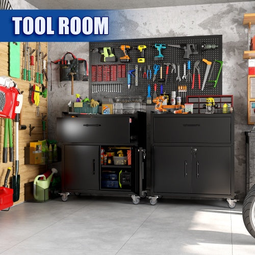 2 Door X 1 Drawer Tool Cabinets For Garage, Lockable Garage Storage Cabinet, Locking Metal Storage Cabinet With Wheels, Rolling Tool Chest, Assembly Required H35.4  W30.3xD18