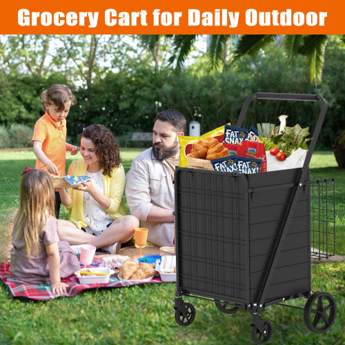 Large Shopping Cart,Grocery Cart On Wheels, Foldable Utility Shopping Carts With Double Basket And 360  Rolling Swivel Wheels For Groceries Laundry