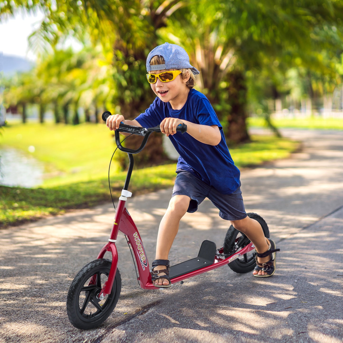 Kids Scooter Kick Scooter, With 12" EVA Tyres, Rear Brake, Big Wheels Scooter For 5-12 Years , Red