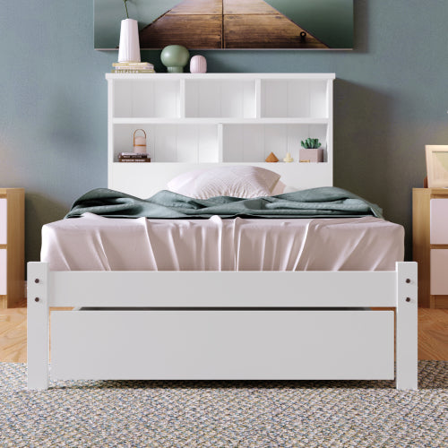Bed With Shelves, White Wooden Storage Bed, Underbed Drawer - 3FT Single 90 X 190 Cm Frame Only