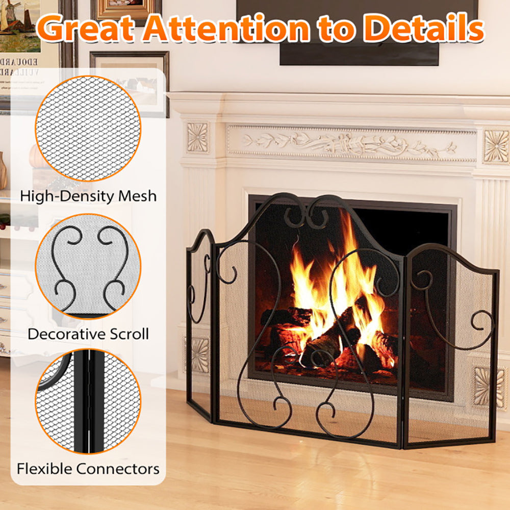 3 Panel Fireplace Screen Foldable Guard Cover With Decorative Scroll