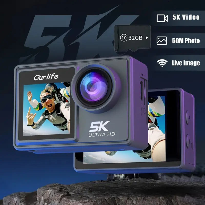 Ourlife 5K 30fps Action Cam 50MP EIS Wifi Wireless Dual Dcreen Vlog Camera With 32GB Memory Card