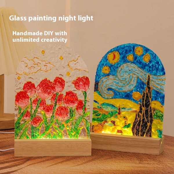 Tulip Handmade Diy Glass Painting Small Night Lamp Creative