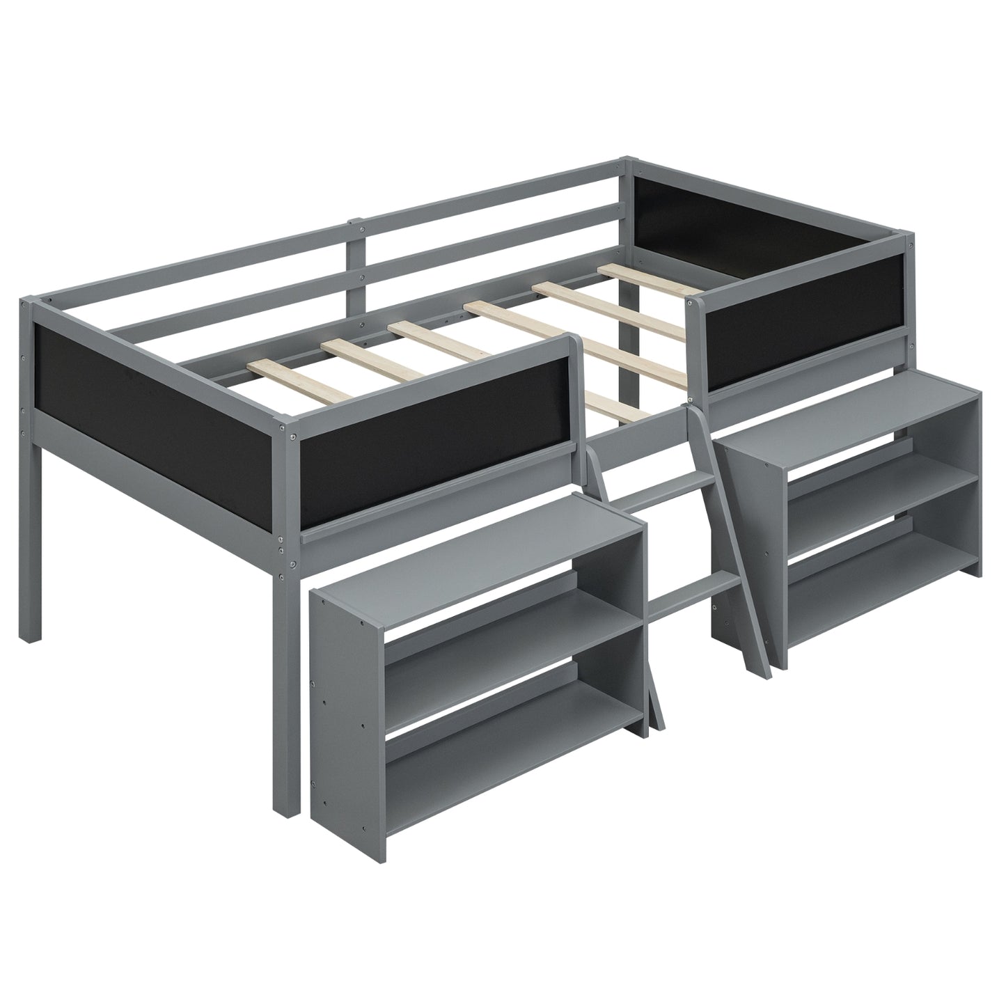 Twin Size Low Loft Bed With Movable Shelves, Ladder & Guardrail Chalkboard, Gray