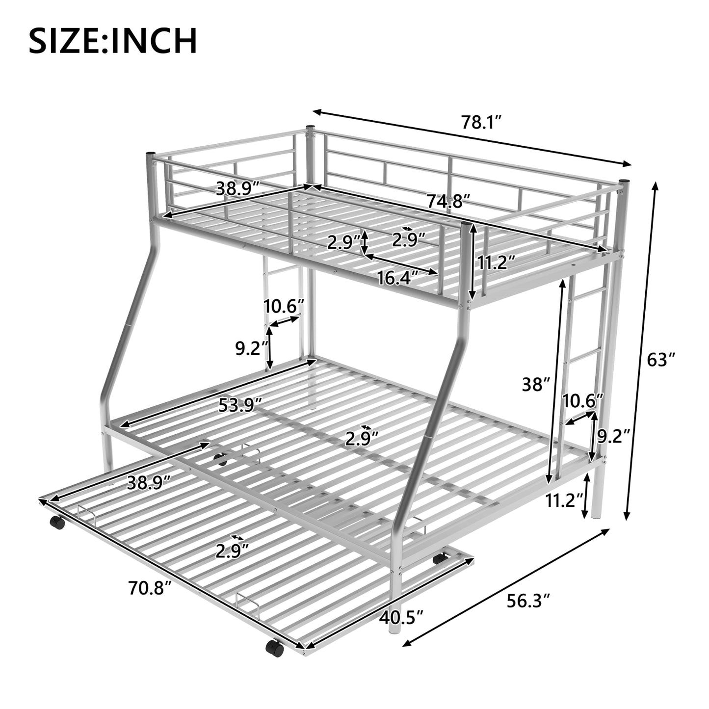 Twin Over Full Bunk Bed With Steel Frame, Trundle, Two-Side Ladders, Silver