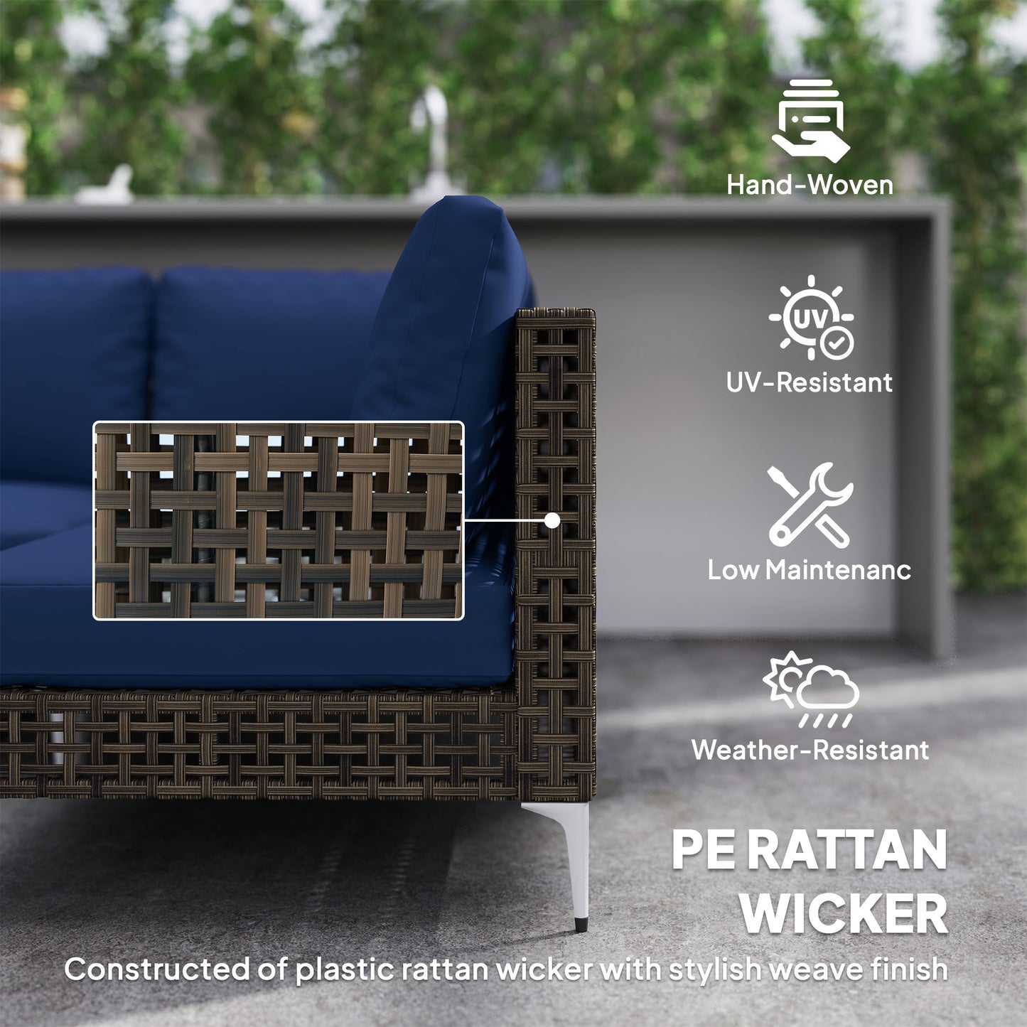 7 Piece Wicker Patio Furniture Set, Modular Outdoor Sectional With Thickened Cushions, Acacia Wood Table, Brown Blue