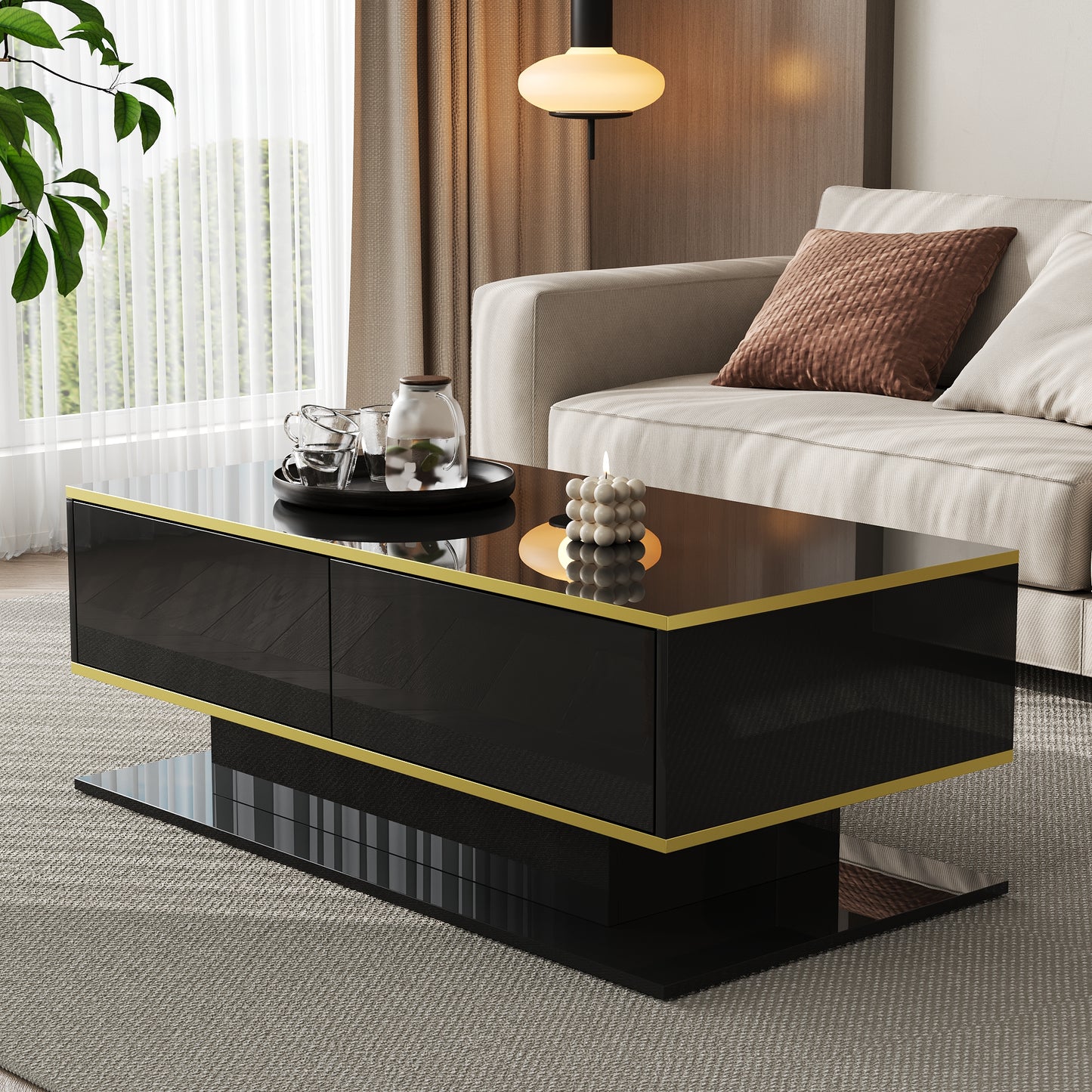 Modern LED Coffee Table With High-Gloss Finish, 100 Cm Length, Gold Accents, 3 Drawers & USB LED Light Strip Adapter-Power Bank Required