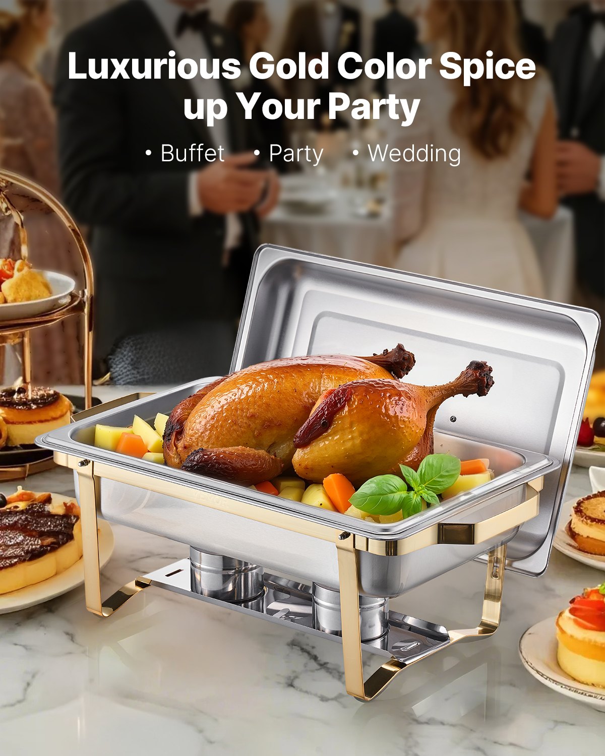 8 Qt 4 Pack Rectangle Chafing Dish Buffet Set Full-Size & Half-Size Pans Gold